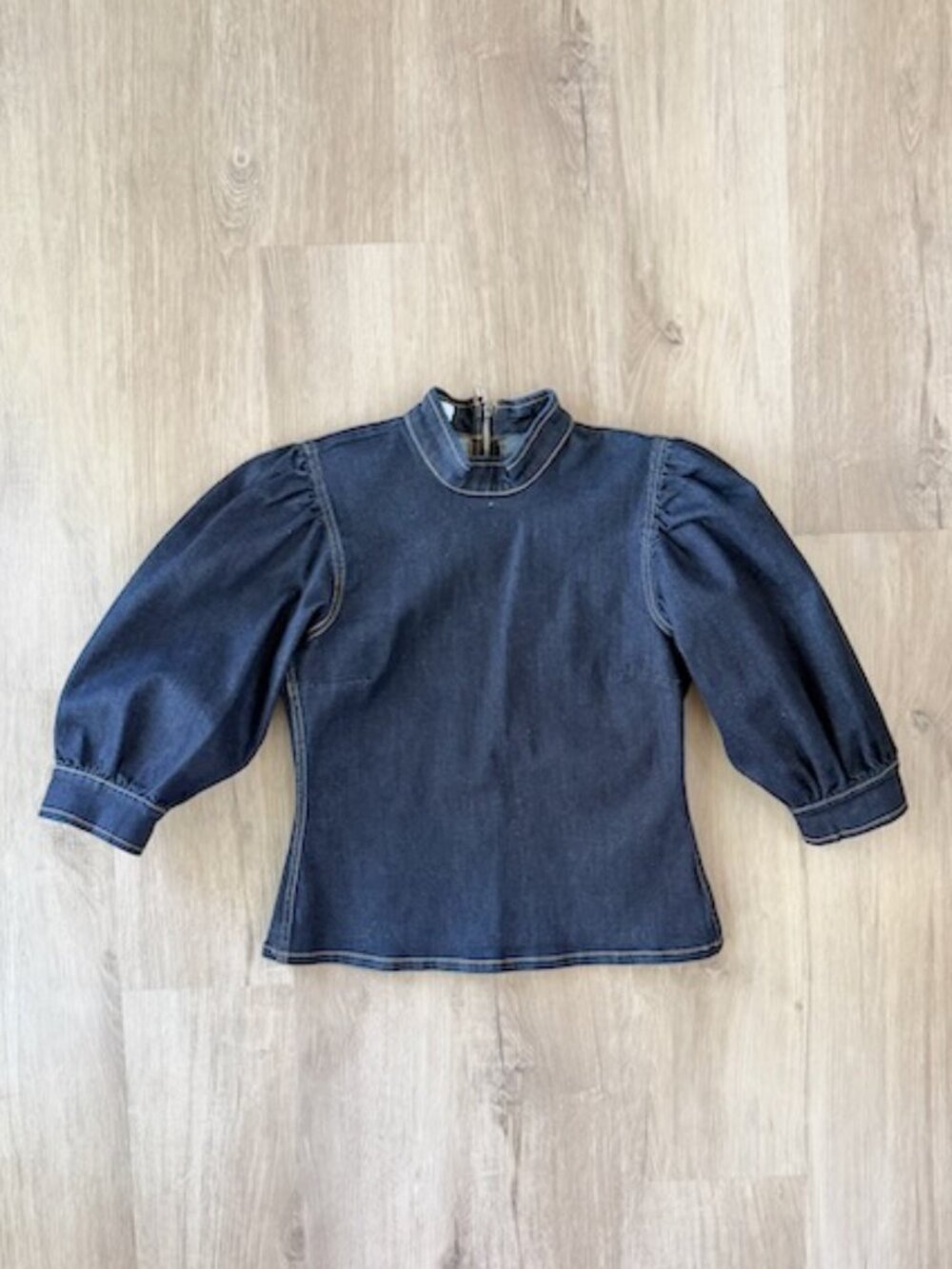 GANNI Denim Puff Sleeve Top Mock Neck EUC Size 6